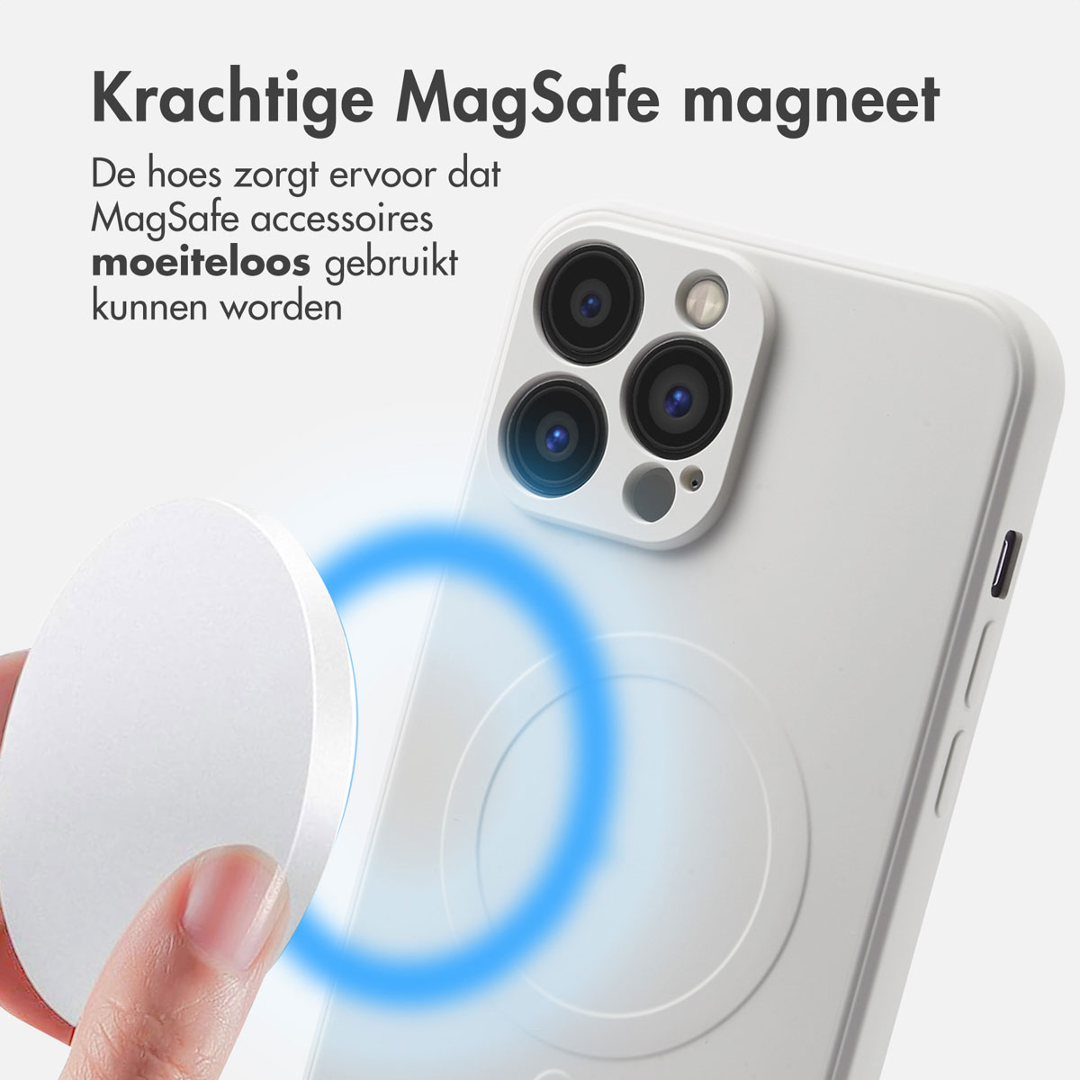 Coque de téléphone blanche avec téléphone et accessoire MagSafe.
