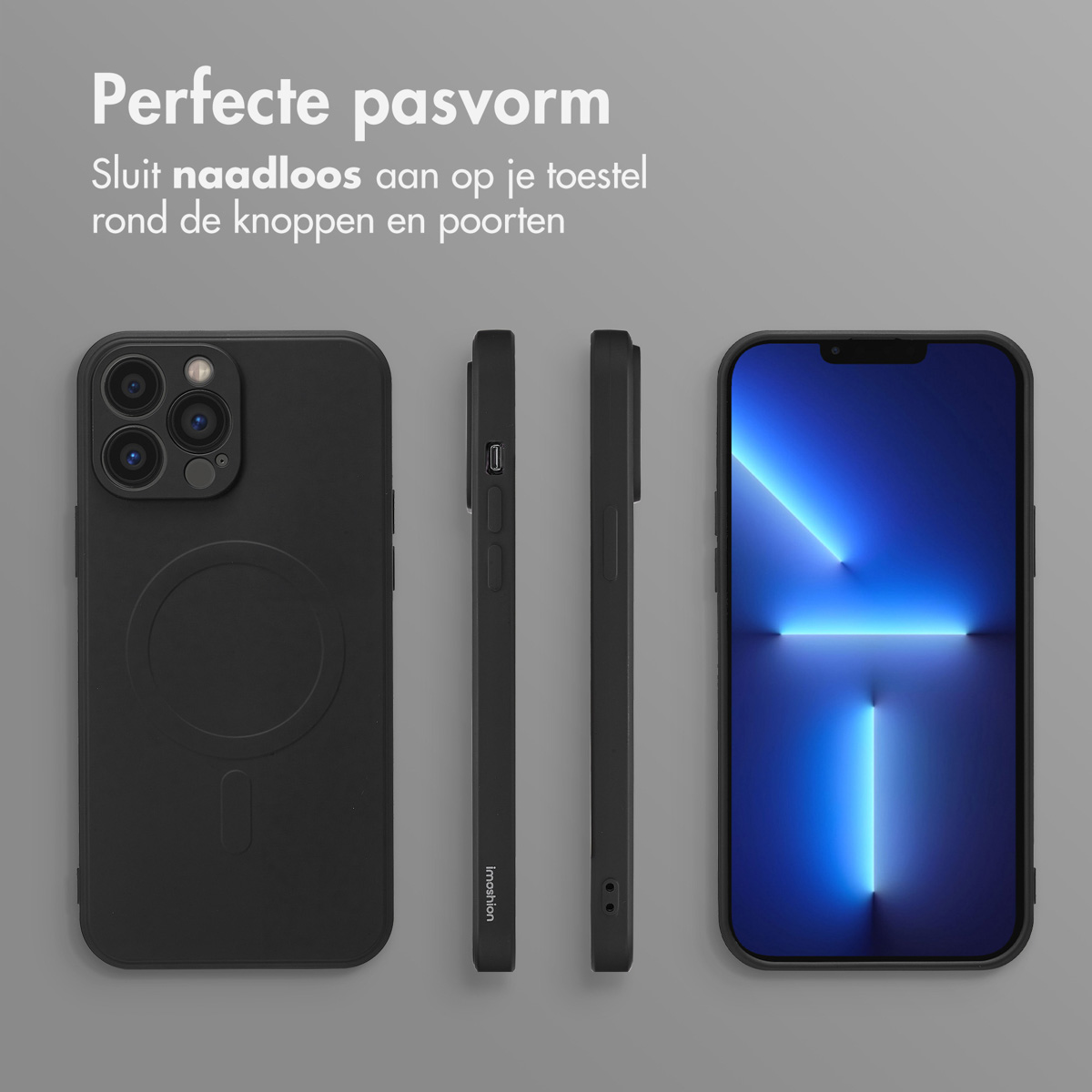 Quatre vues d'un étui de téléphone noir avec un design de cercle magnétique.