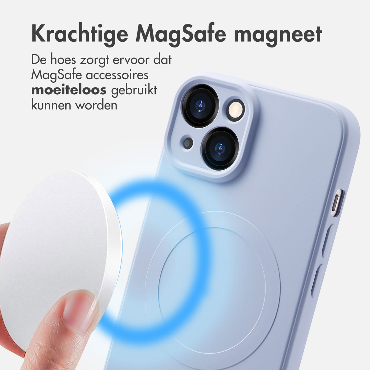 Coque de téléphone bleu clair avec anneau MagSafe blanc et accessoire MagSafe blanc. Une lueur bleue entoure l'anneau.