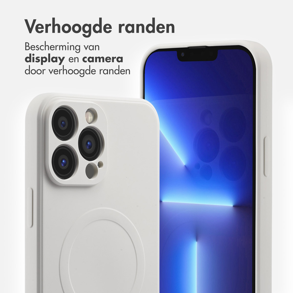 Coque de téléphone blanche, montrant la caméra et l'écran, soulignant les bords surélevés.