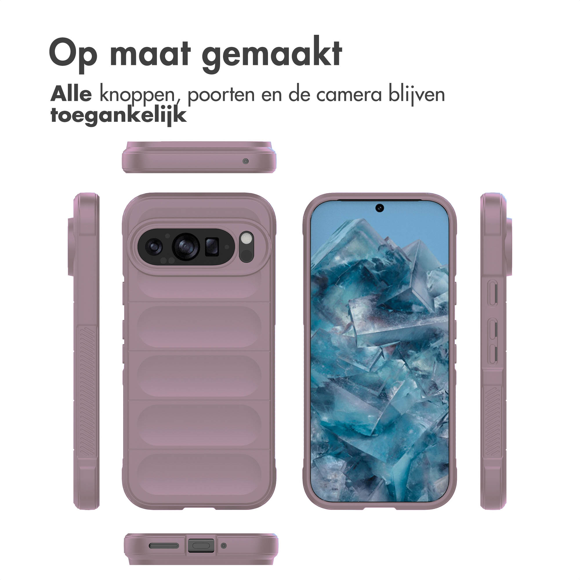 Telefoonhoes in meerdere weergaven, met knoppen, poorten en cameratoegang.
