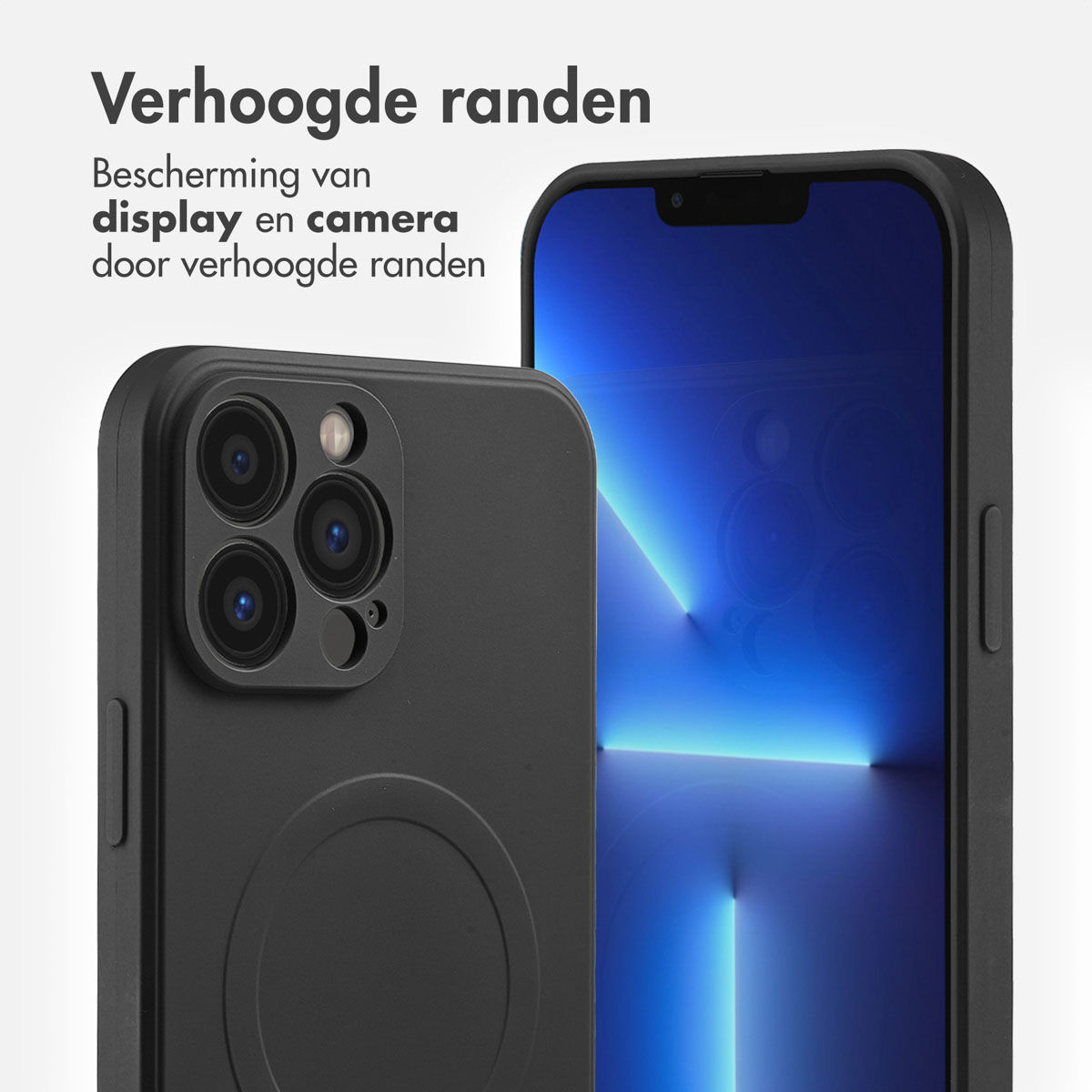 Coque de téléphone noire avec bords surélevés protégeant l'écran et la caméra.