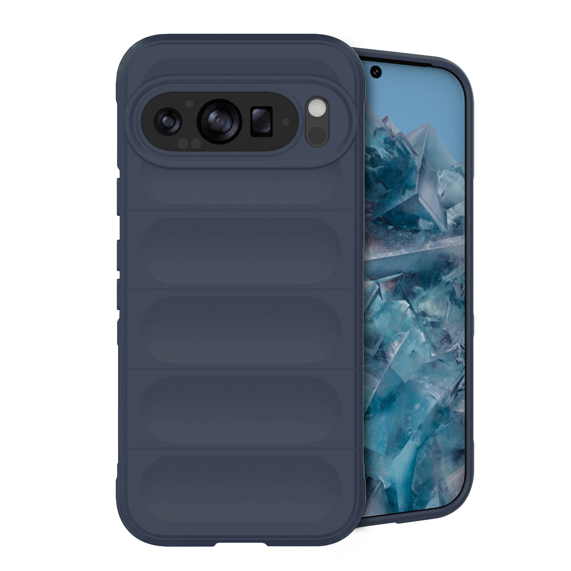 Blauwe telefoonhoes met camerahoes, beschermt de telefoon. Telefoonscherm is blauw.