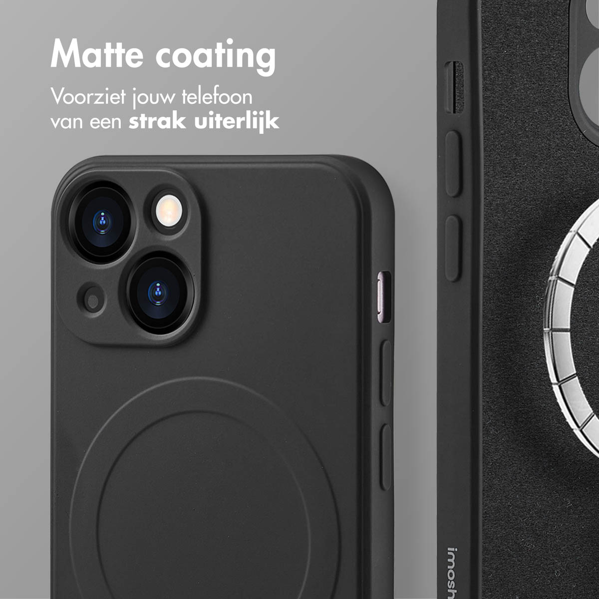Close-up van een zwarte telefoonhoes met matte afwerking. De camera van de telefoon is zichtbaar.