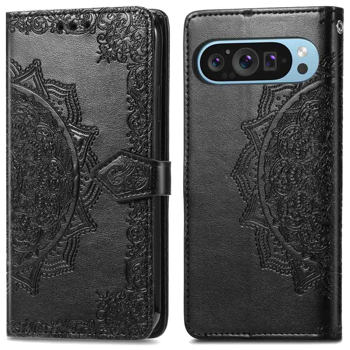 Étui de téléphone en cuir noir, ouvert pour révéler un intérieur à motifs et un support de téléphone.
