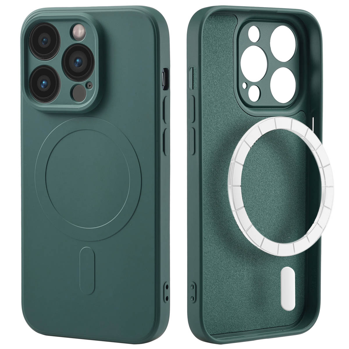 Twee donkergroene telefoonhoesjes, één open, met camera-uitsparingen en MagSafe ring.