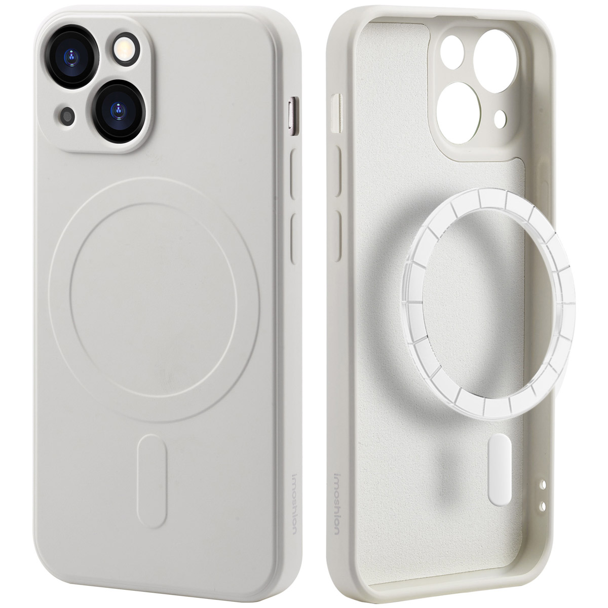 Twee witte telefoonhoesjes, voor- en achterkant tonend, met een magnetische cirkel op de achterkant.