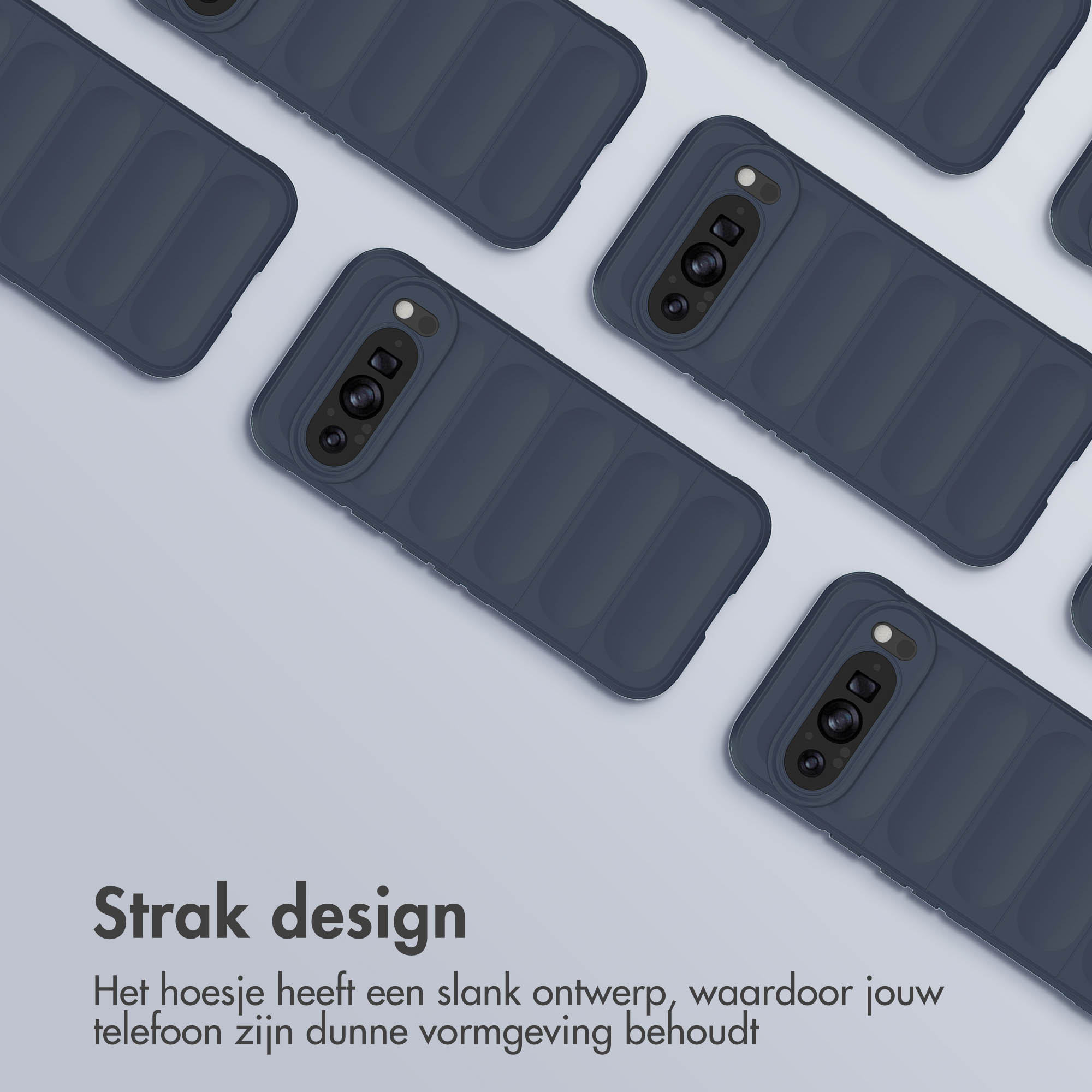 Meerdere telefoonhoesjes in een donkerblauwe kleur. De hoesjes zijn gerangschikt in een rasterpatroon.