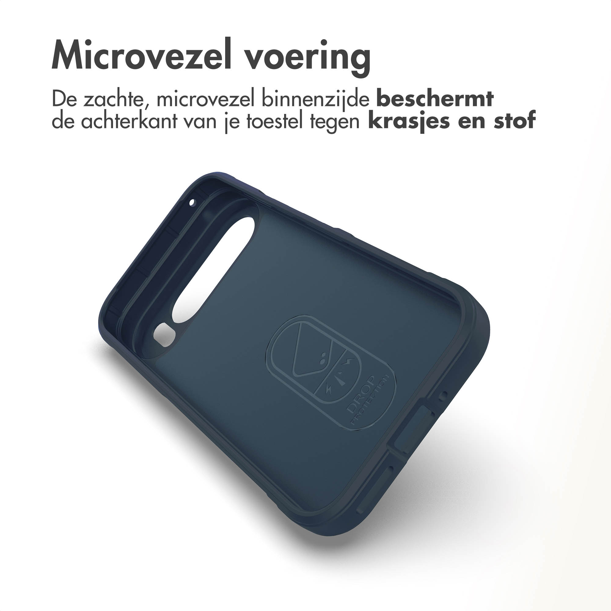 Binnenkant van een marineblauwe telefoonhoes. De binnenkant heeft een zachte microvezelvoering.