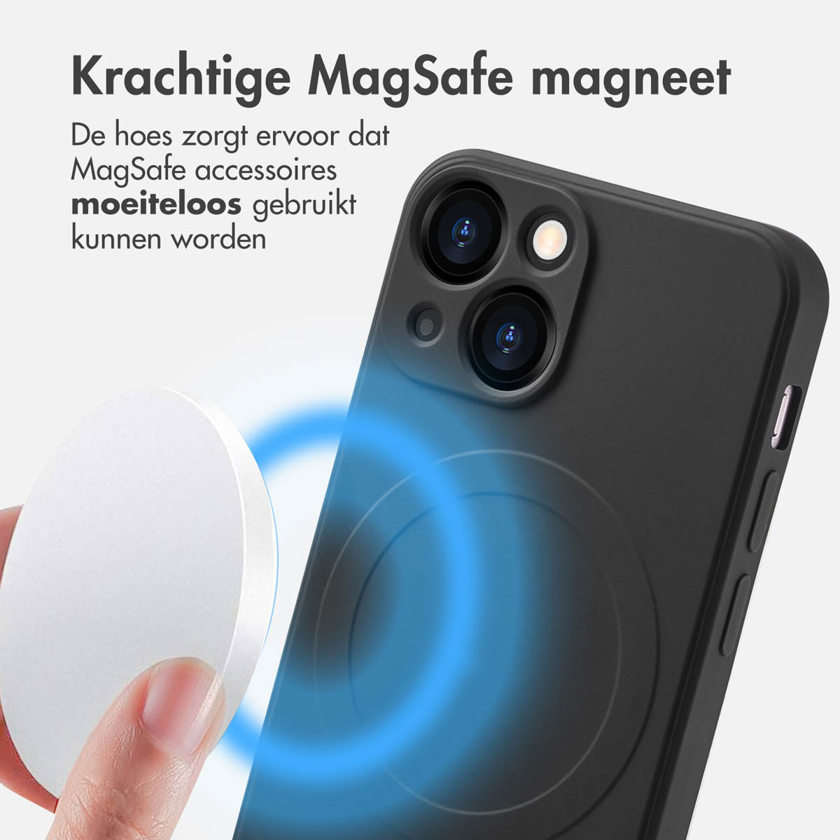 Un magnete MagSafe bianco si avvicina a una custodia nera. Anelli blu mostrano campo.