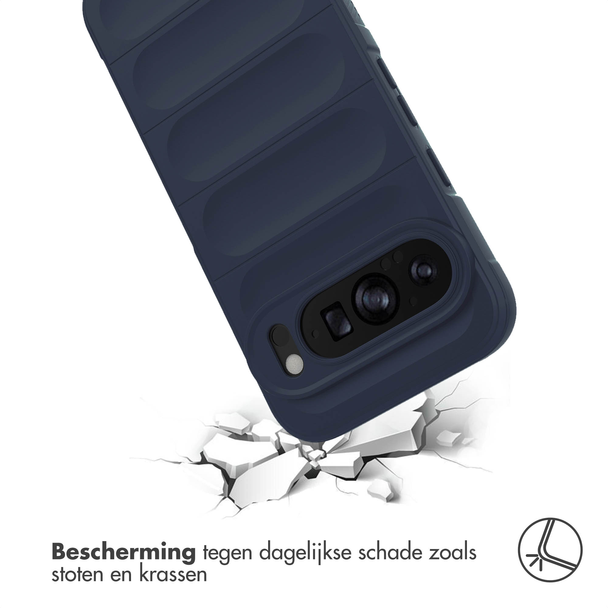 Blauwe telefoonhoes op gebarsten oppervlak. Close-up van hoes en scheur.