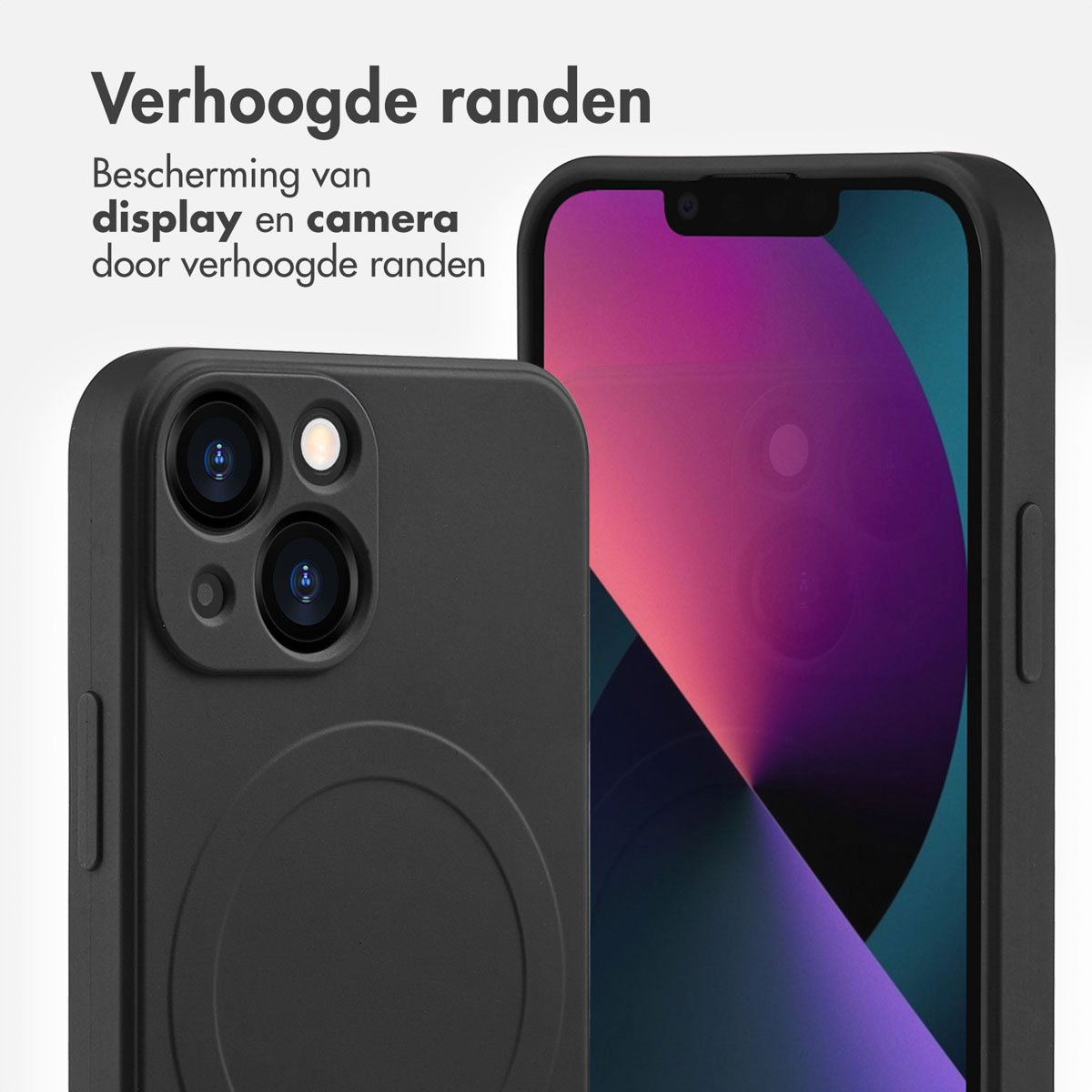 Custodia nera per telefono con bordi rialzati protegge schermo e fotocamera.