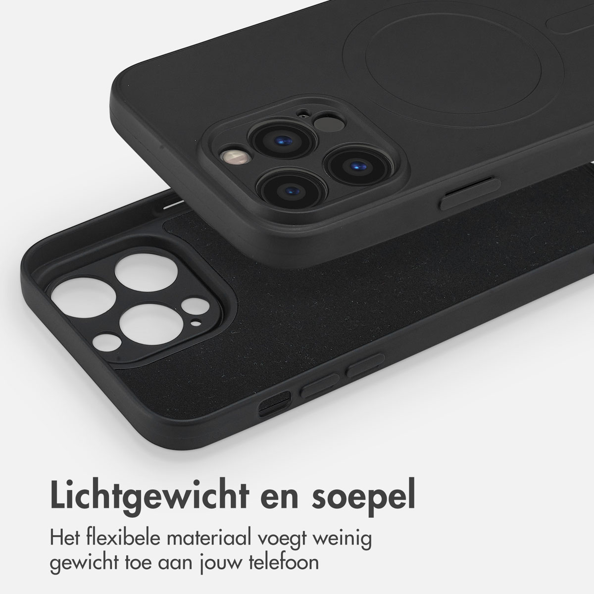 Een zwart telefoonhoesje met een open gedeelte, dat de telefoon en de details van het hoesje toont.
