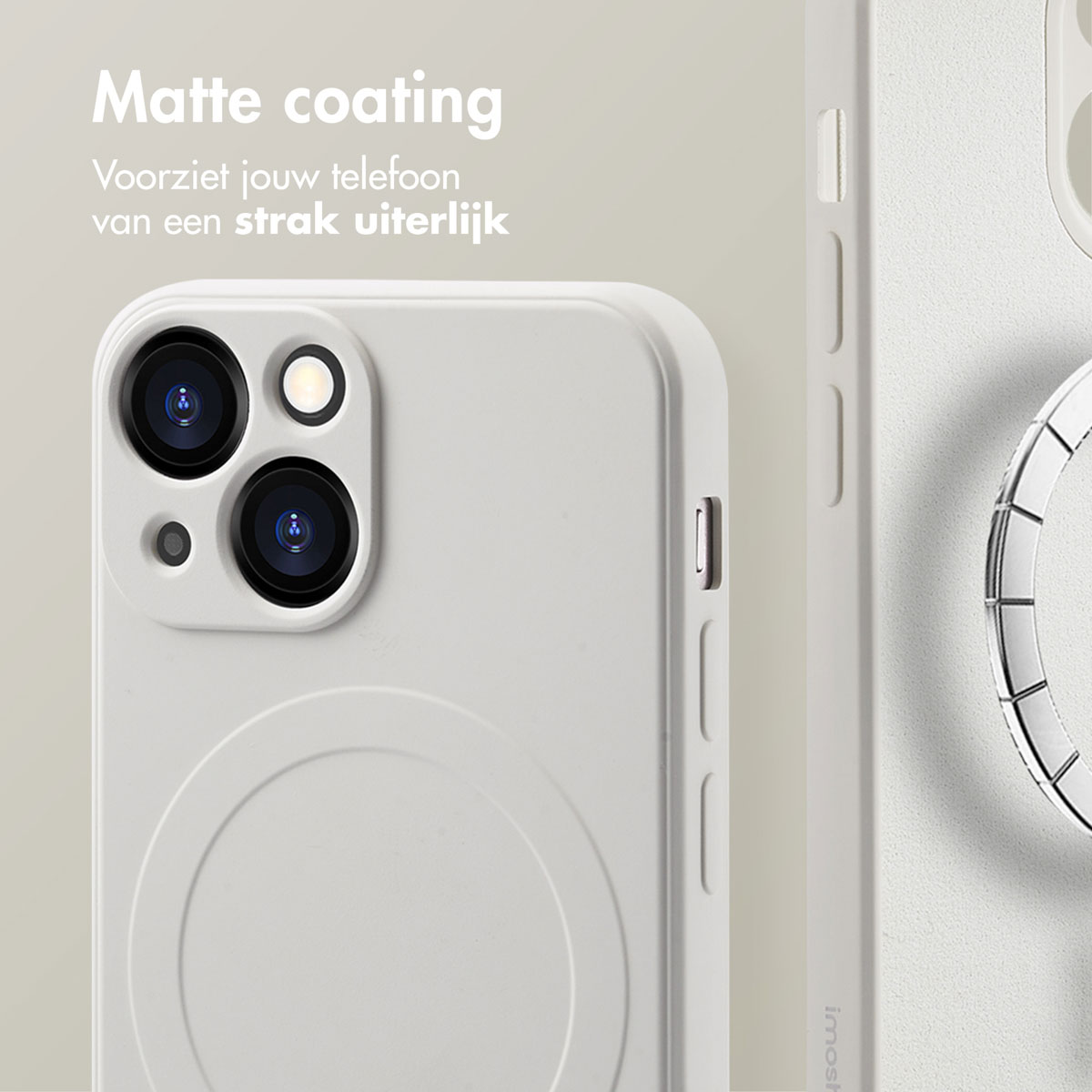Witte telefoonhoes met camera-uitsparingen. Tekst: Matte coating. Telefoonhoes op de achtergrond.