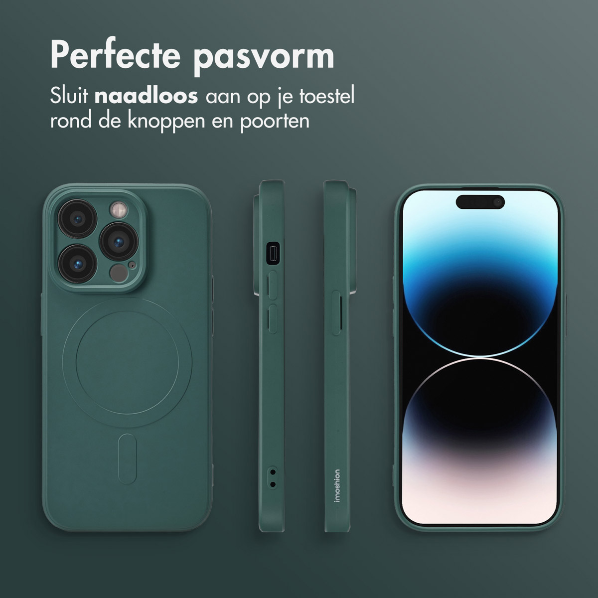 Groene telefoonhoes met MagSafe. Perfecte pasvorm, naadloos, groene hoes. Drie weergaven van de telefoon met de hoes.