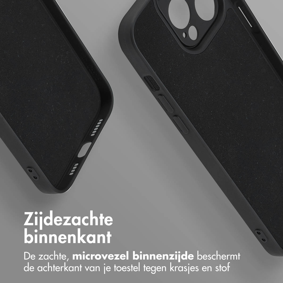 Twee zwarte telefoonhoesjes close-up. Eén detail van de hoek met gaten. De ander toont de camera-uitsparing.
