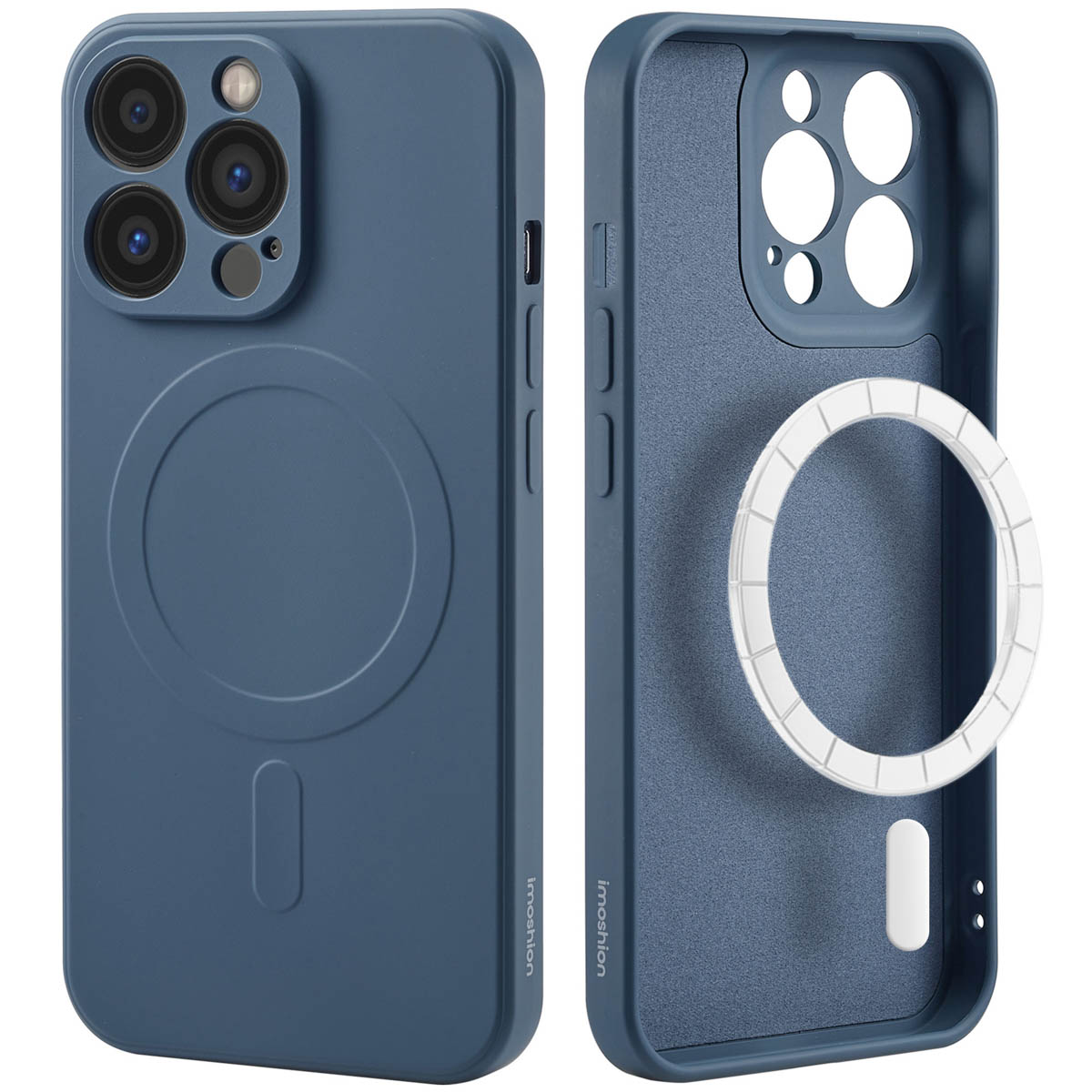 Twee telefoonhoesjes, blauwe kleur, met de telefoon erin, en de magsafe cirkel.