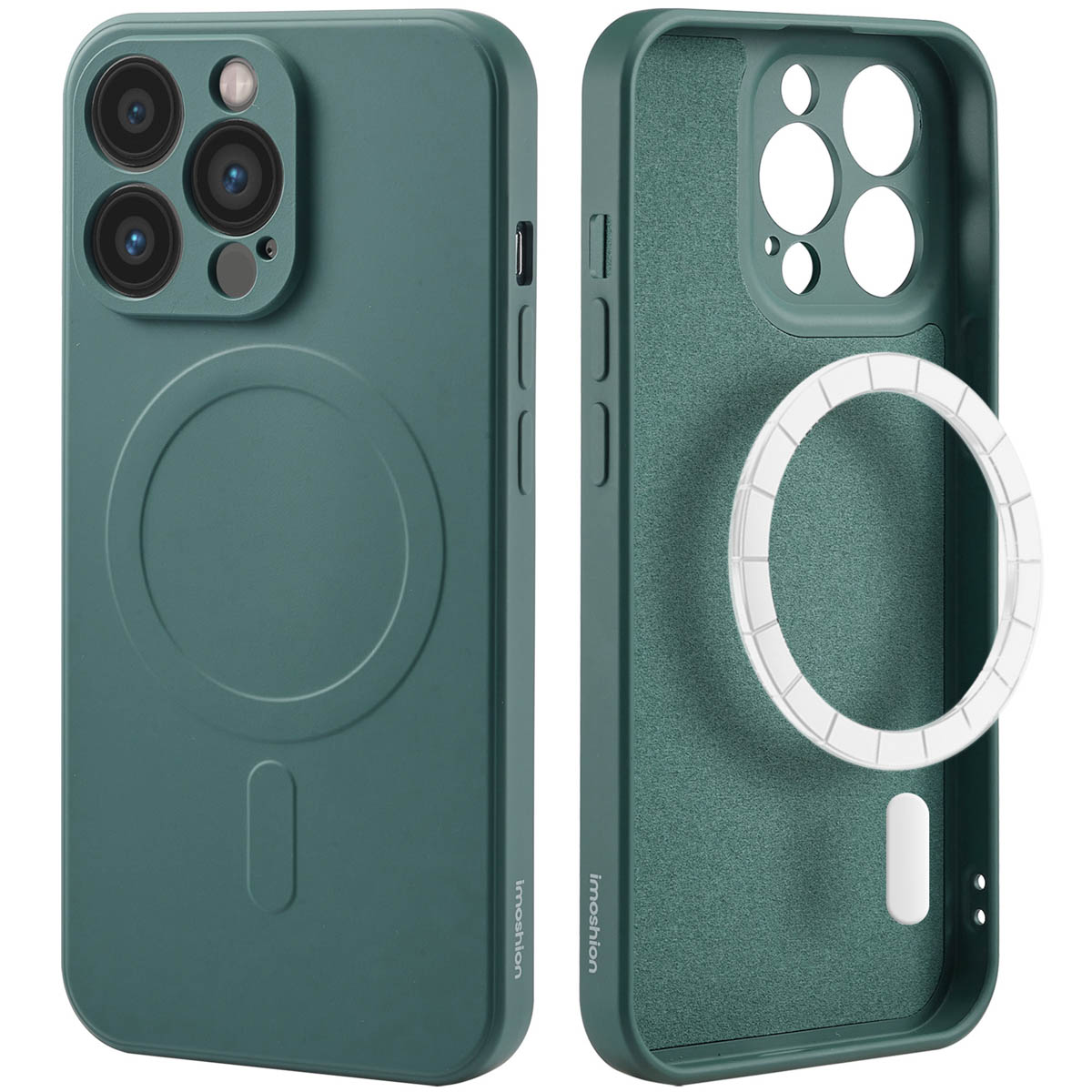 Groene telefoonhoes met MagSafe. Vooraanzicht en binnenaanzicht van de hoes, groene buitenkant en witte ring.