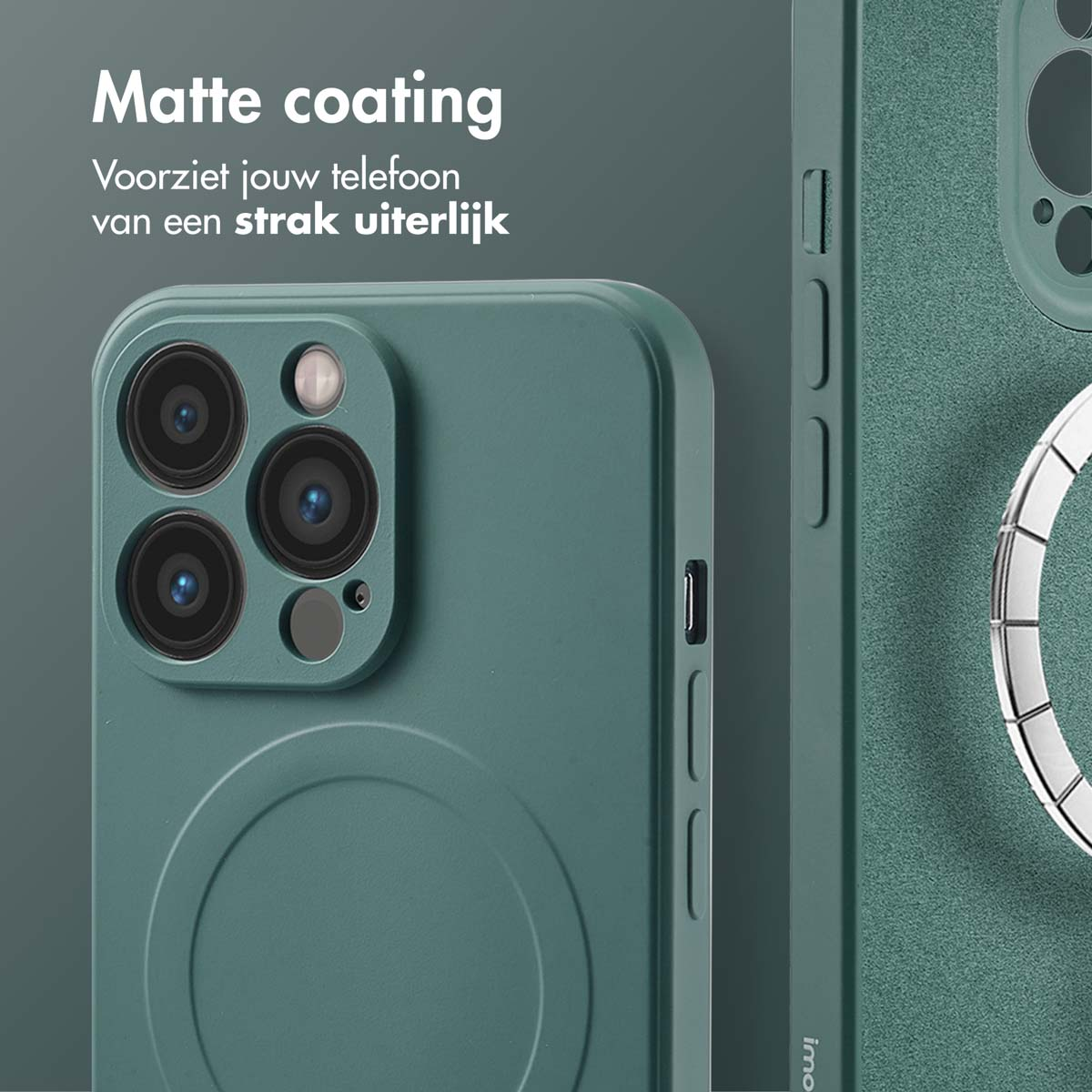 Groene telefoonhoes met een matte afwerking, met de camera.