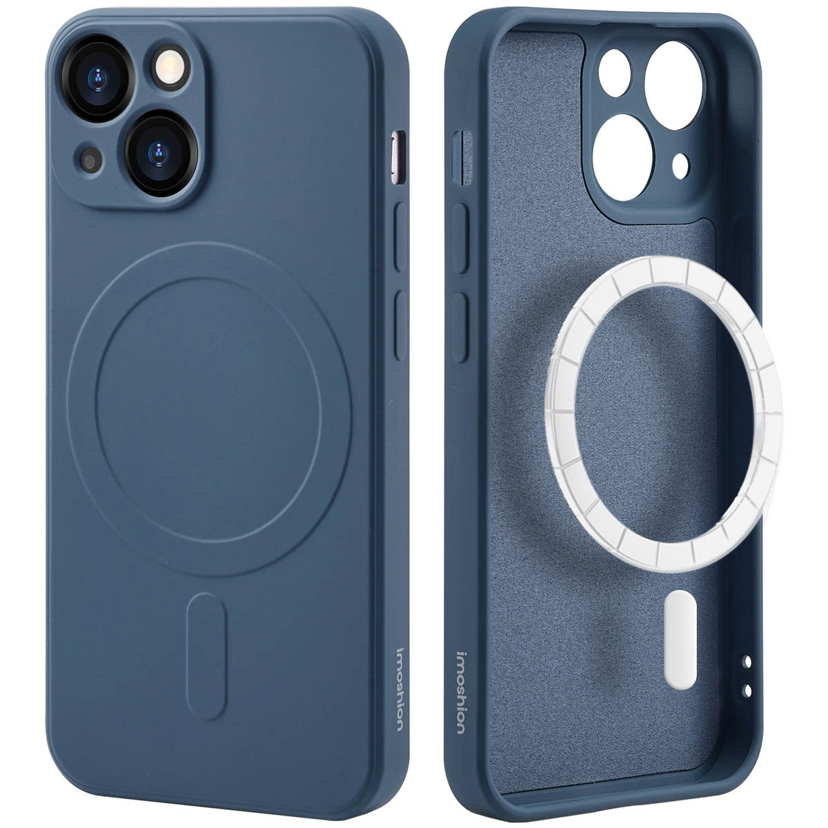 Blauwe telefoonhoes, voor- en achterkant. De achterkant toont een cirkelvormige magneet.