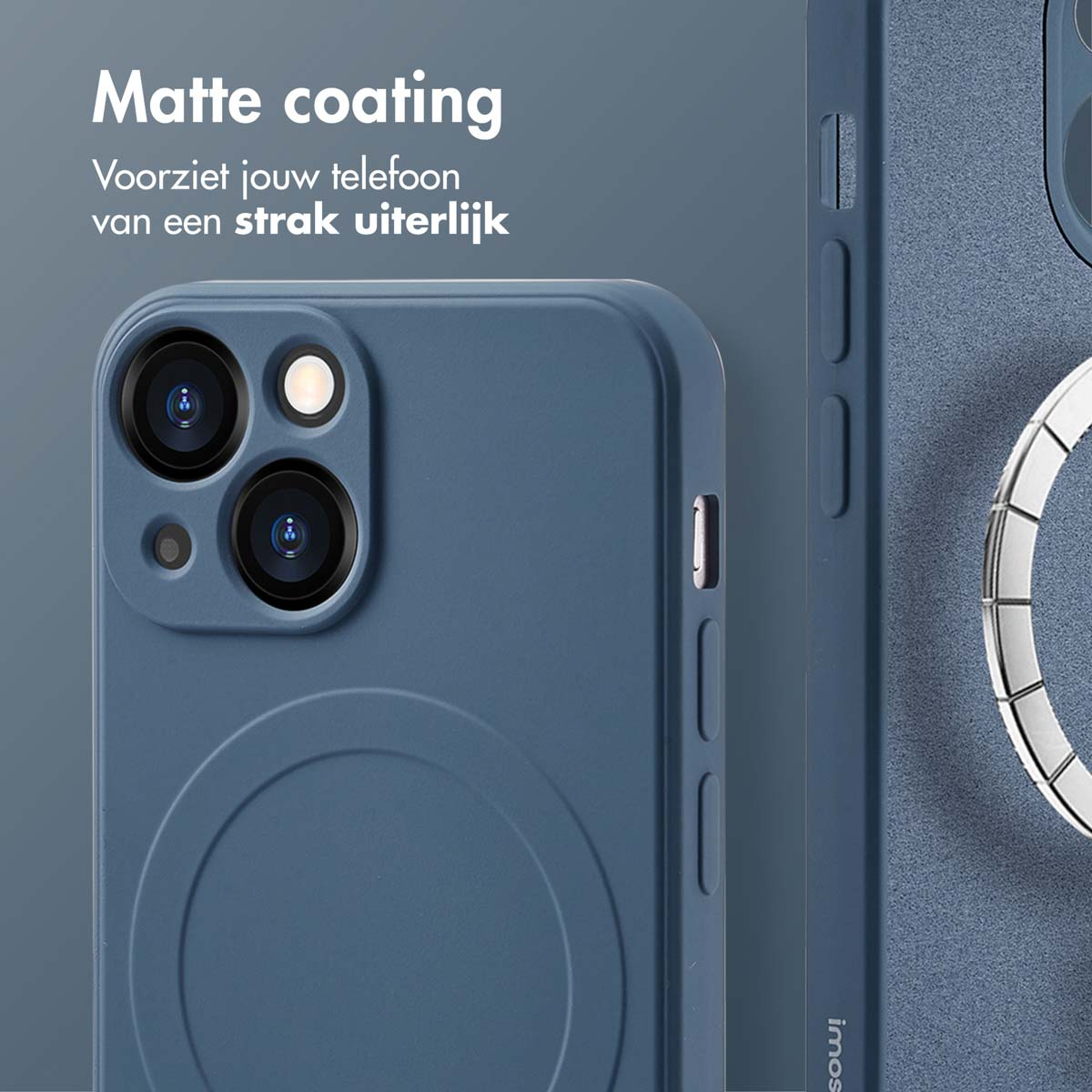Blauwe telefoonhoes met ringhouder. De hoes heeft een matte coating. Een blauwe telefoon.