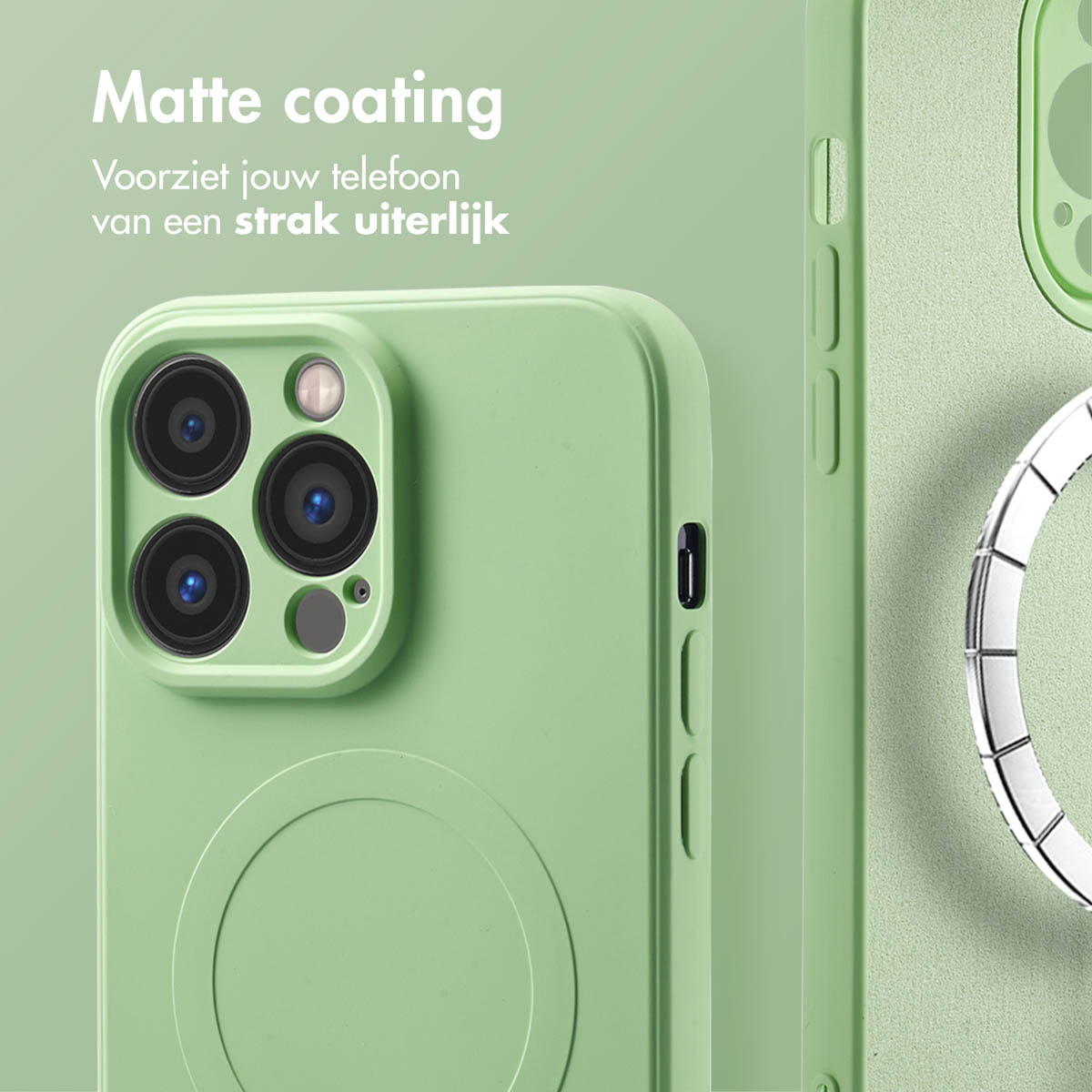 Groene telefoonhoes met cameralens en ringhouder. Mat uiterlijk.