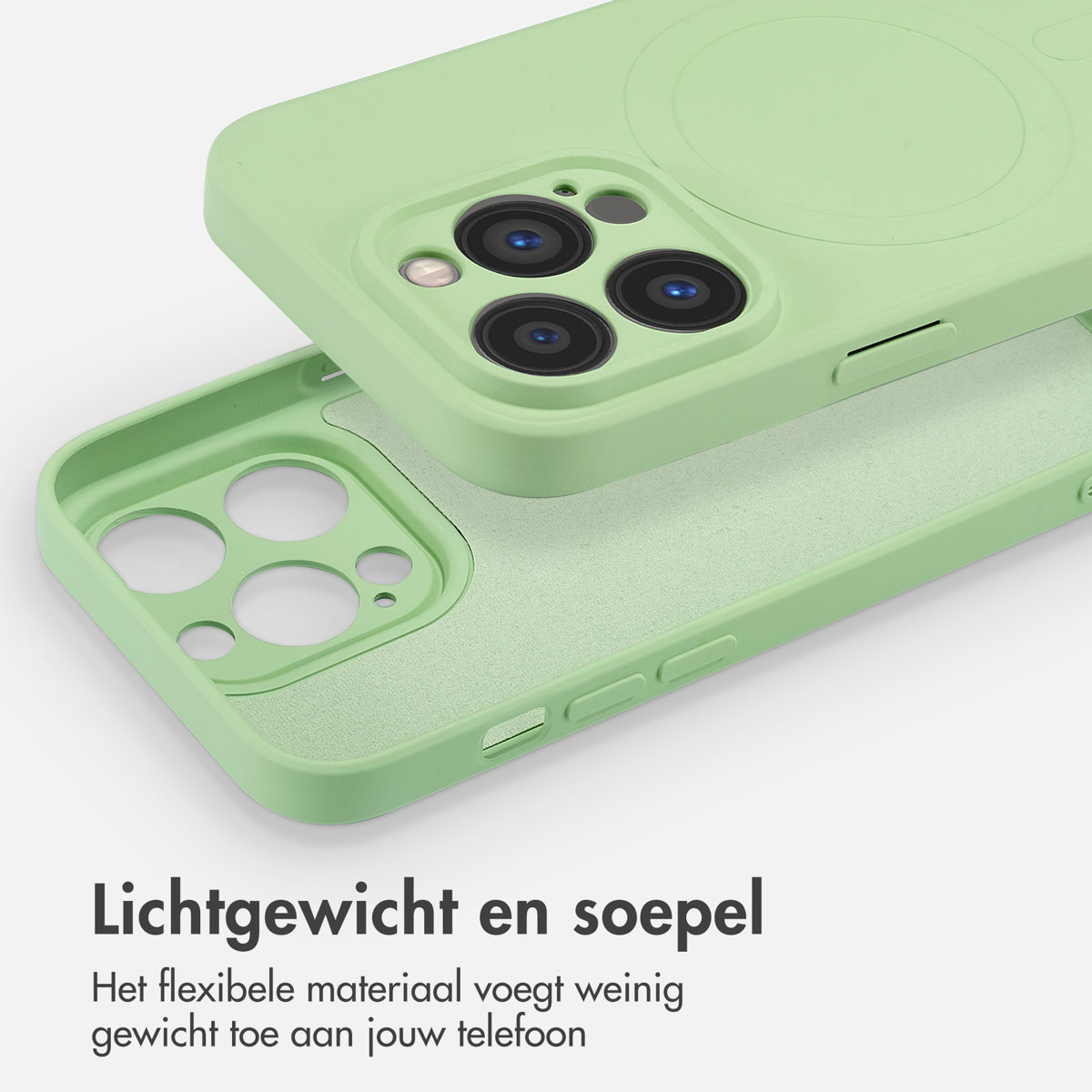 Een lichtgroene telefoonhoes open getoond. De achterkant heeft een ronde magnetische vorm.
