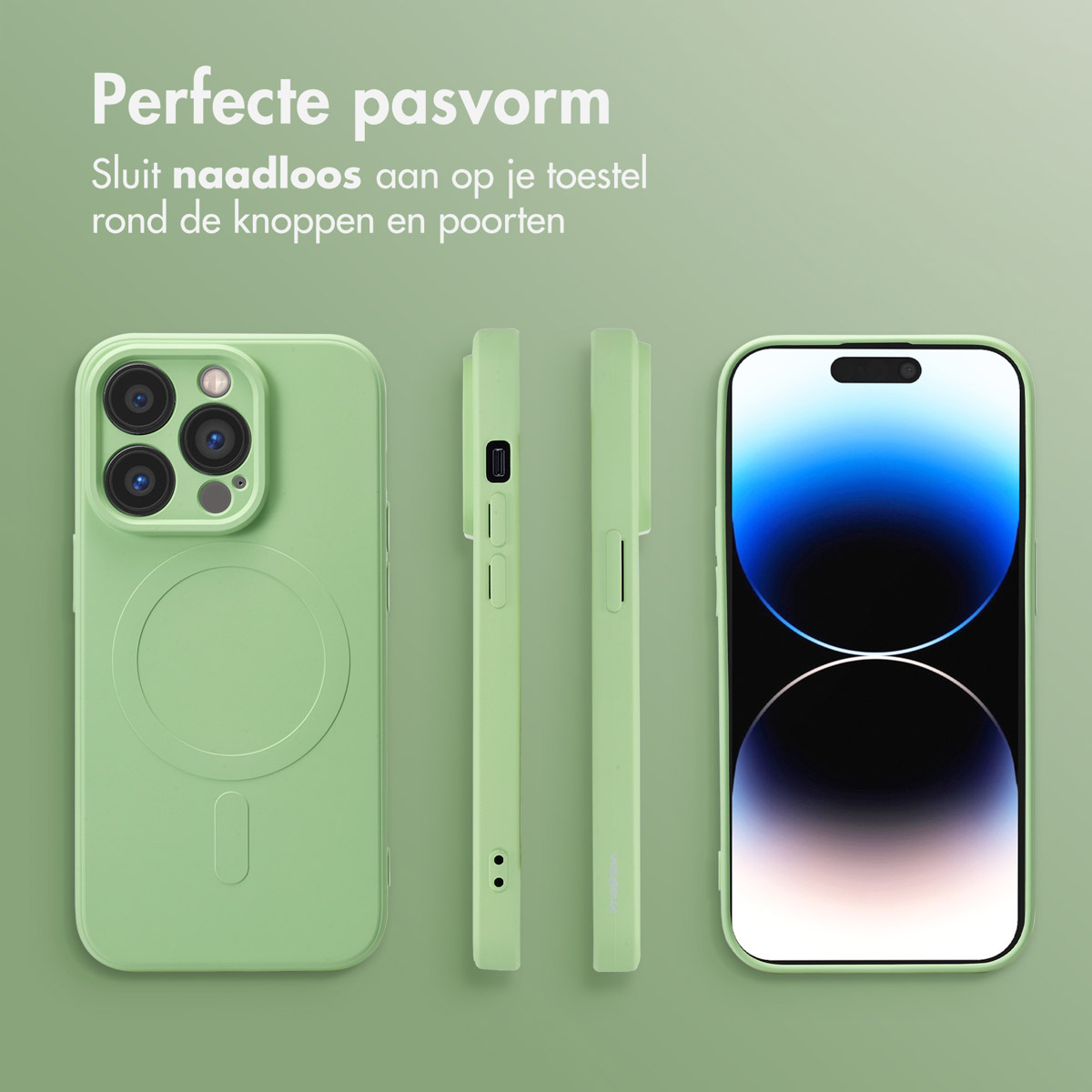 Drie telefoonhoesjes op een rij. Een telefoonhoesje en nog twee naast elkaar. De telefoonhoesjes zijn lichtgroen.