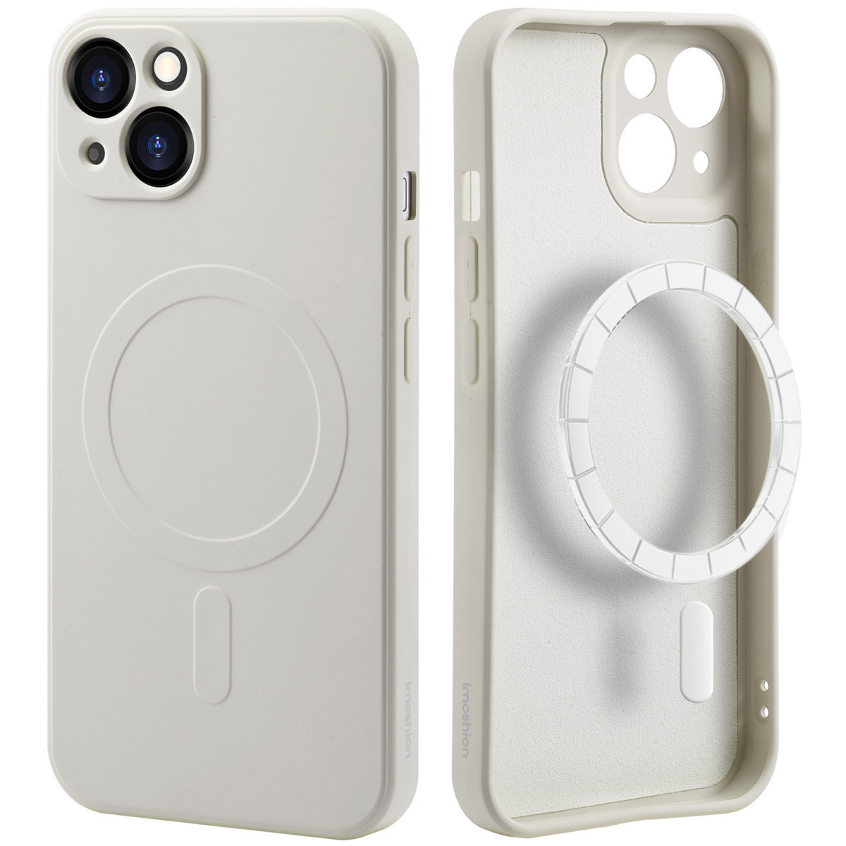 Twee witte telefoonhoesjes met MagSafe-ringen. De hoesjes zijn open en laten de binnenkant zien. Witte achtergrond.