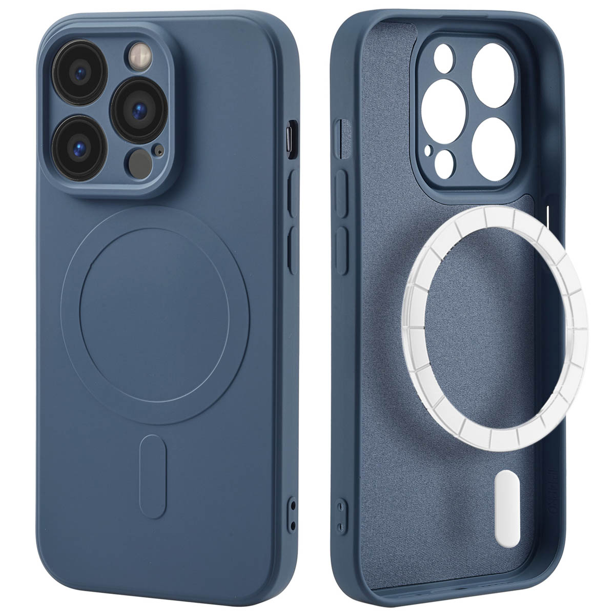 Twee telefoonhoesjes, blauwe kleur, met de telefoon erin, en de magsafe cirkel.
