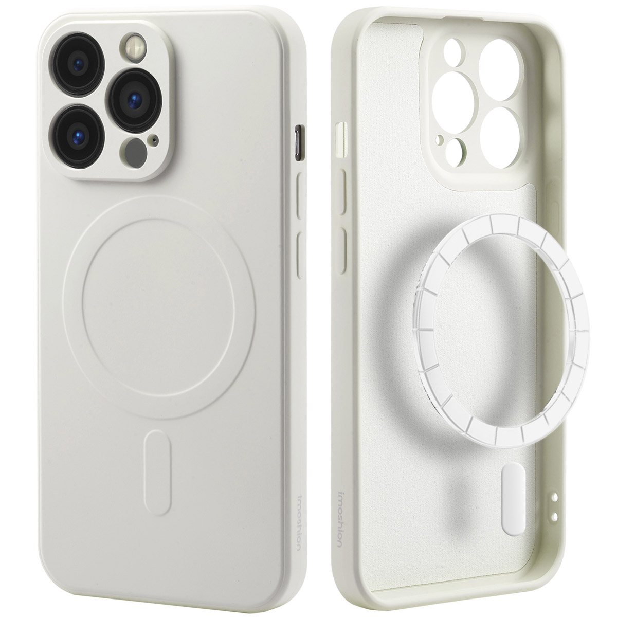 Twee witte telefoonhoesjes met MagSafe-ringen. De hoesjes zijn open en laten de binnenkant zien. Witte achtergrond.