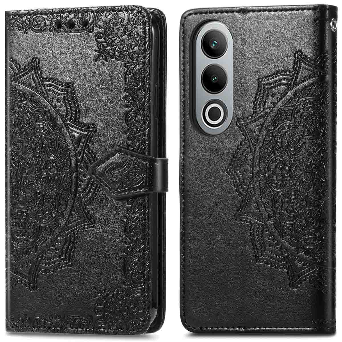 Due custodie per telefono in pelle nera, chiuse e aperte, con design mandala e fori per fotocamera.