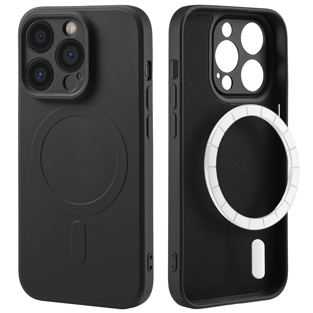 Coque de téléphone noire avec MagSafe. Vue avant et intérieure de la coque, extérieur noir et anneau blanc.