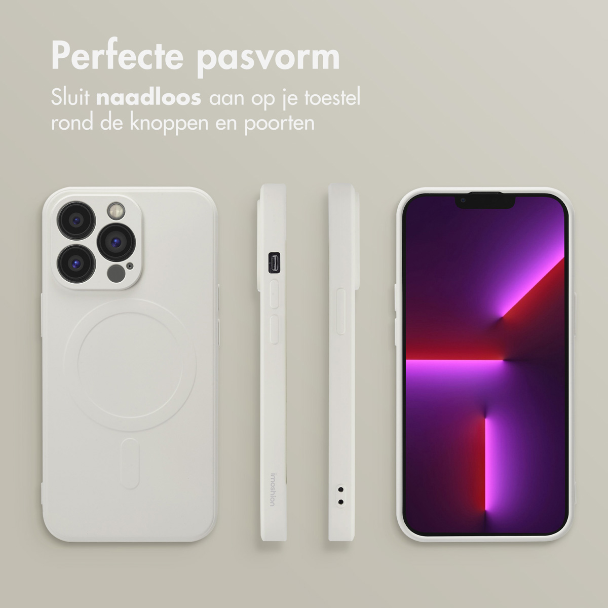 Witte telefoonhoes set. Voor-, zij- en achteraanzicht. Telefoonscherm toont roze-paarse gradiënt.