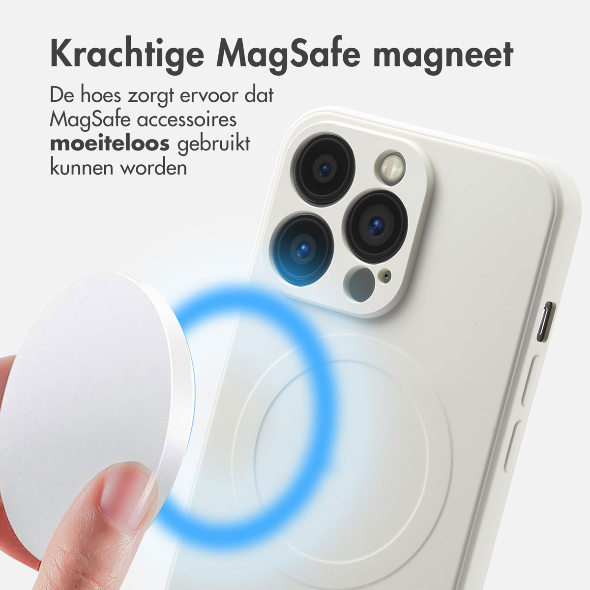Witte telefoonhoes met MagSafe. Tekst: Sterke MagSafe-magneet.