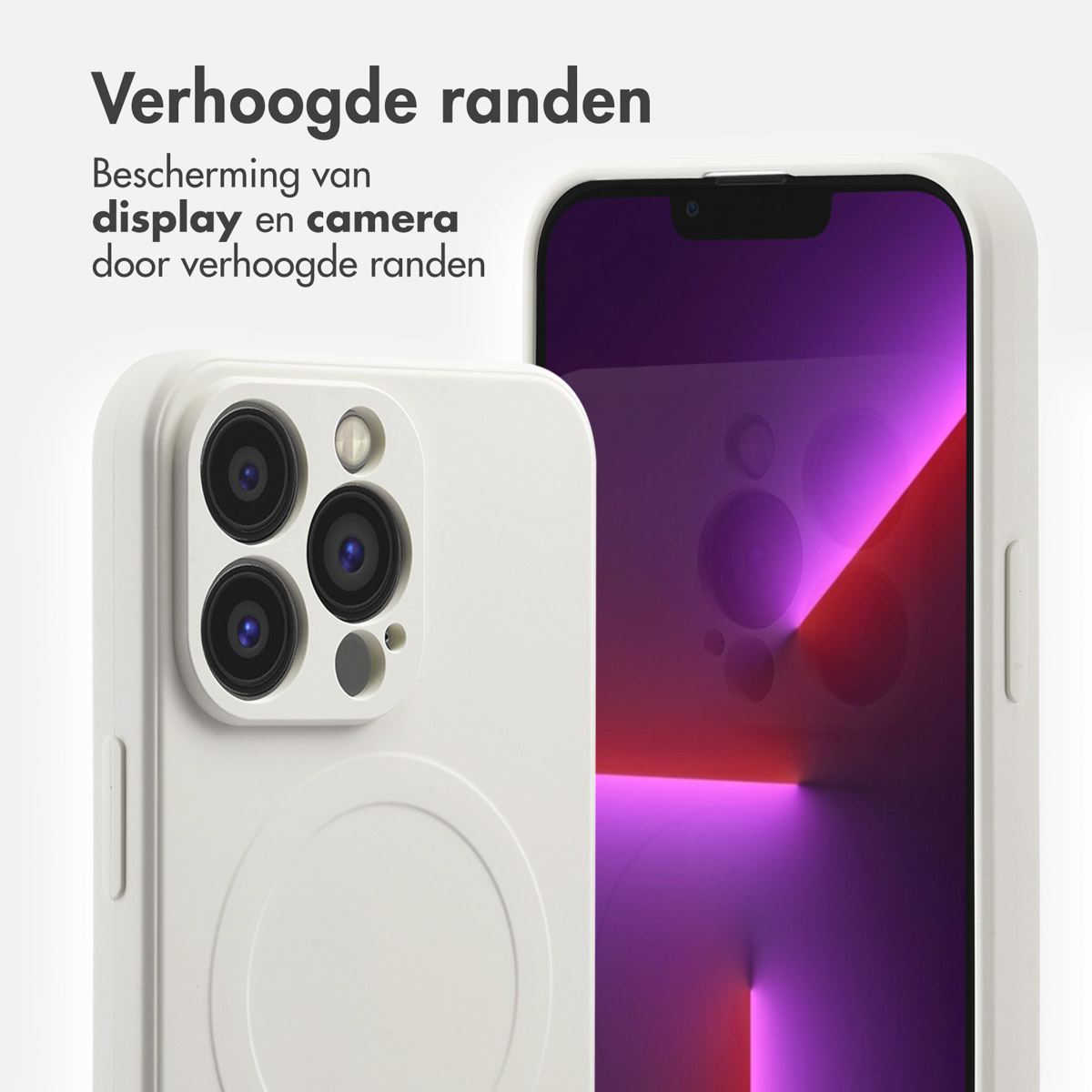 Witte telefoonhoes, toont de camera en de schermzijde, benadrukt de verhoogde randen.