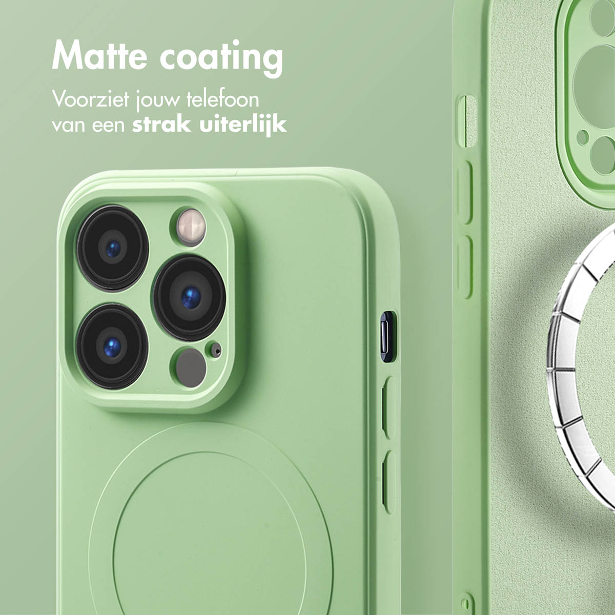 Groene telefoonhoes met camera-uitsparing en magneetring. Matte textuur.