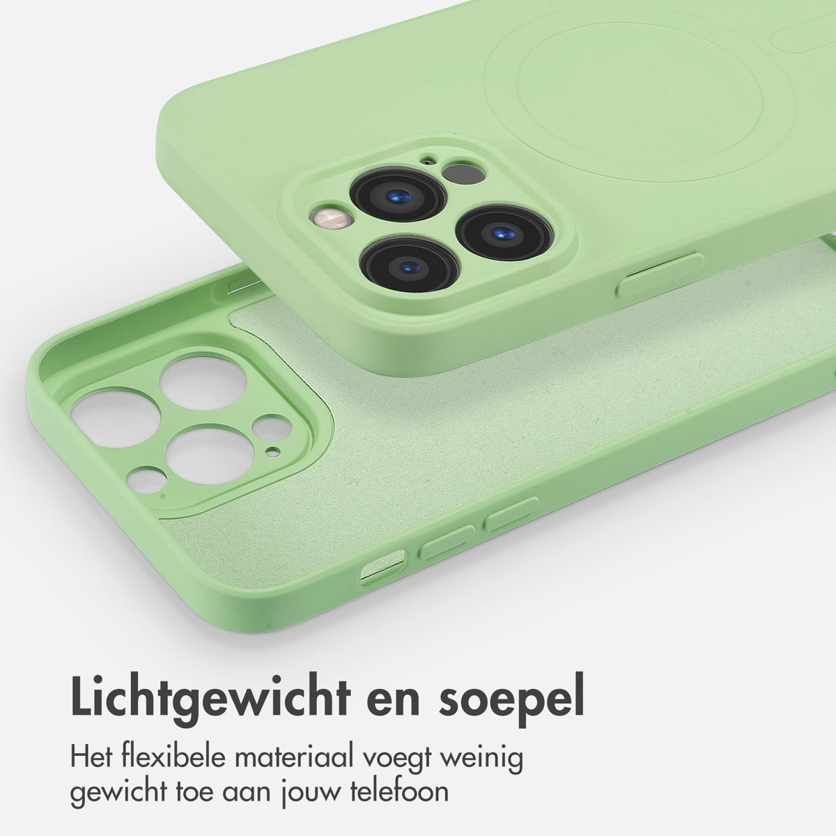 Close-up van een groene telefoonhoes met camera-uitsparing en magneetring.