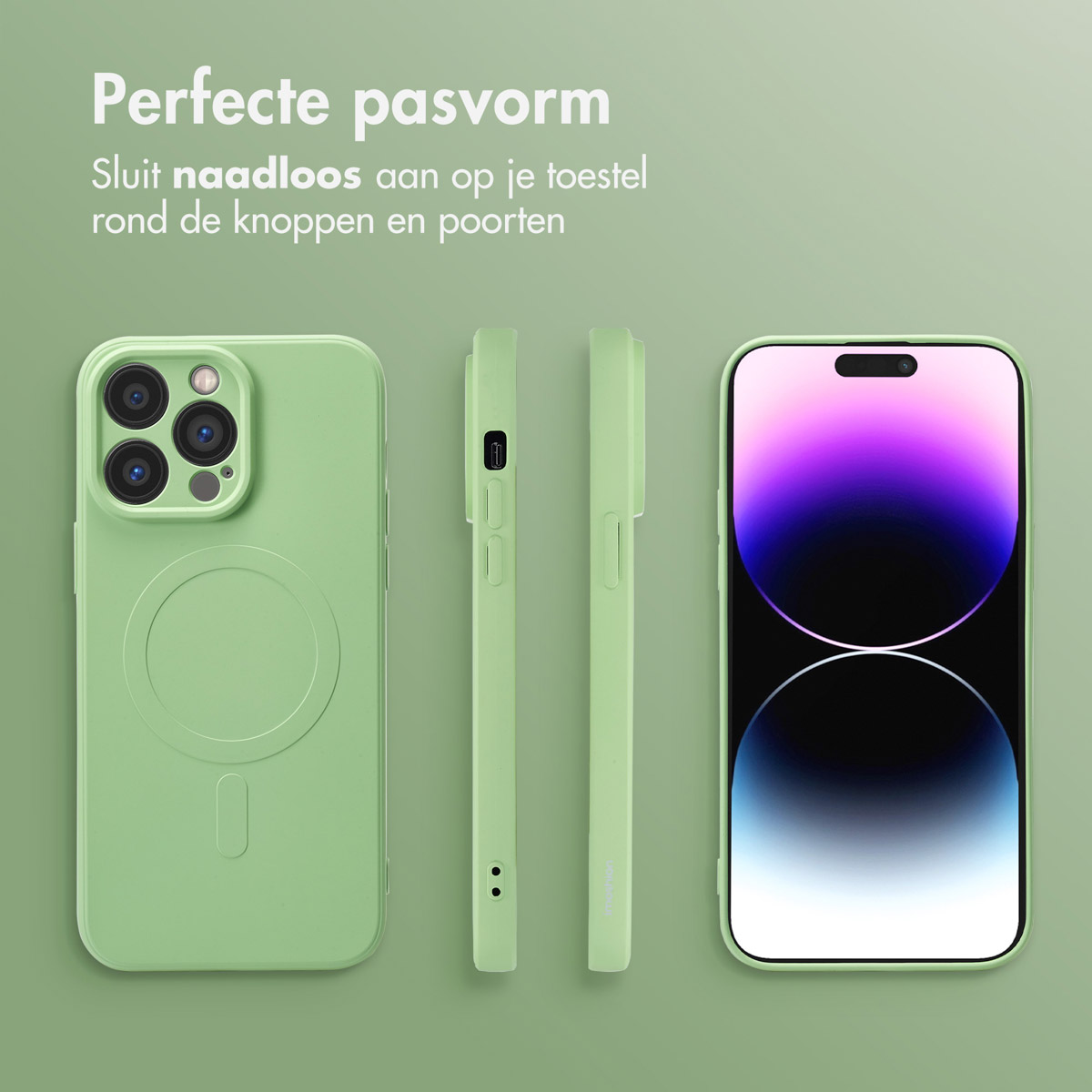Drie groene telefoonhoesjes. Toont voorkant, zijkant en achterkant, het ontwerp van de telefoon.