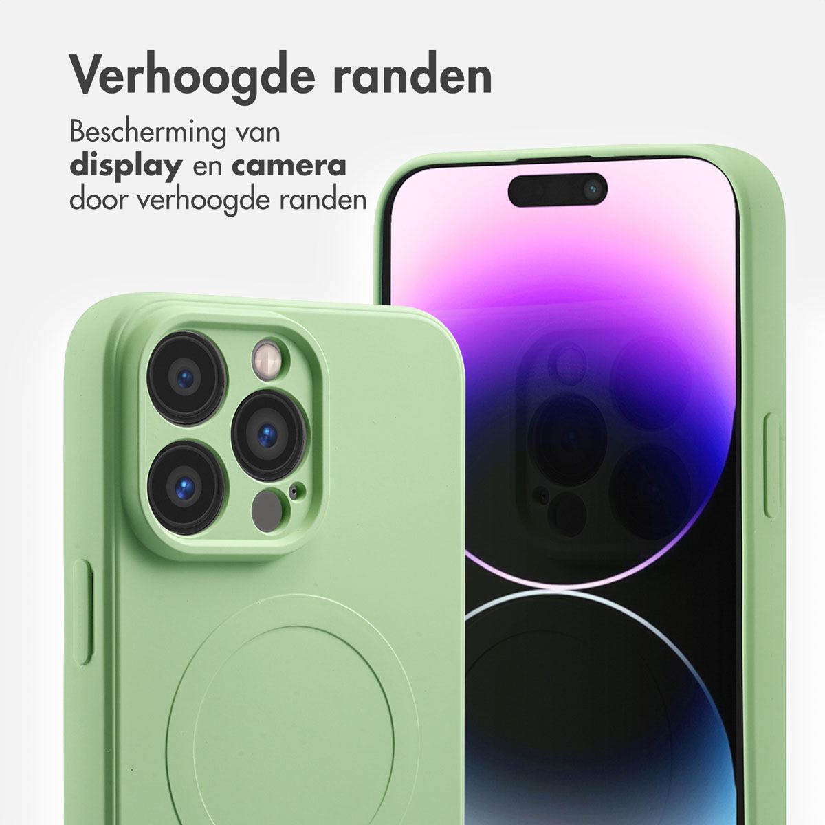 Twee lichtgroene telefoonhoesjes. Eén toont cameralenzen, de andere het scherm.