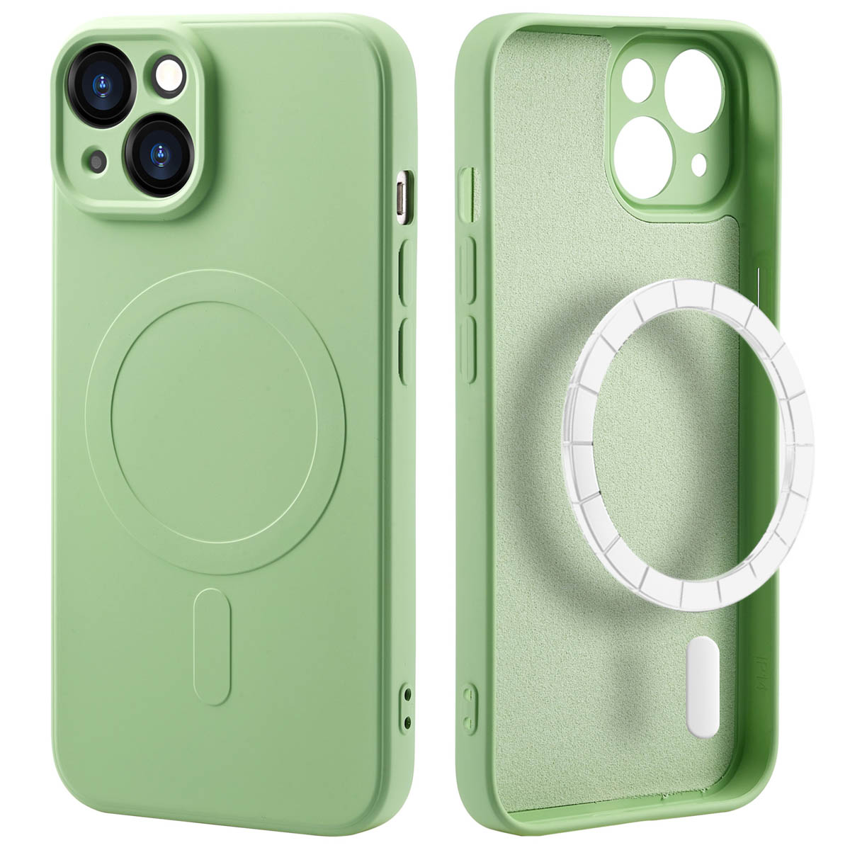 Deux étuis de téléphone verts avec des anneaux MagSafe. Les étuis sont ouverts, montrant l'intérieur. Fond vert.