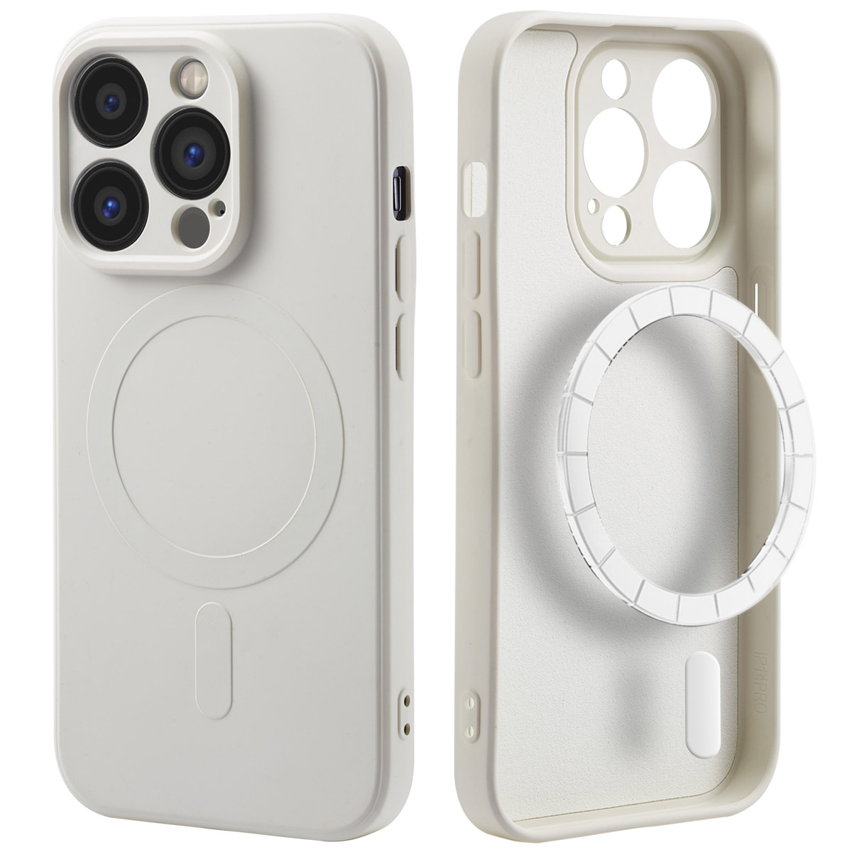 Twee witte telefoonhoesjes; een toont de achterkant met camera-uitsparingen, de andere de binnenkant met een magnetische ring.