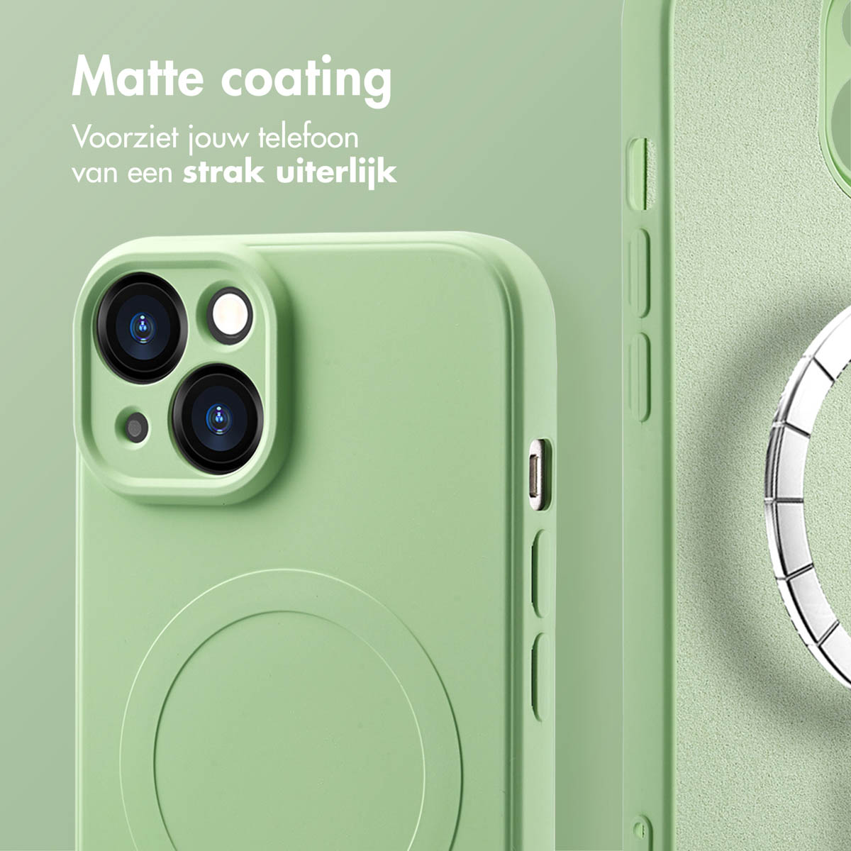 Coque verte pour téléphone avec bloc caméra et support anneau.