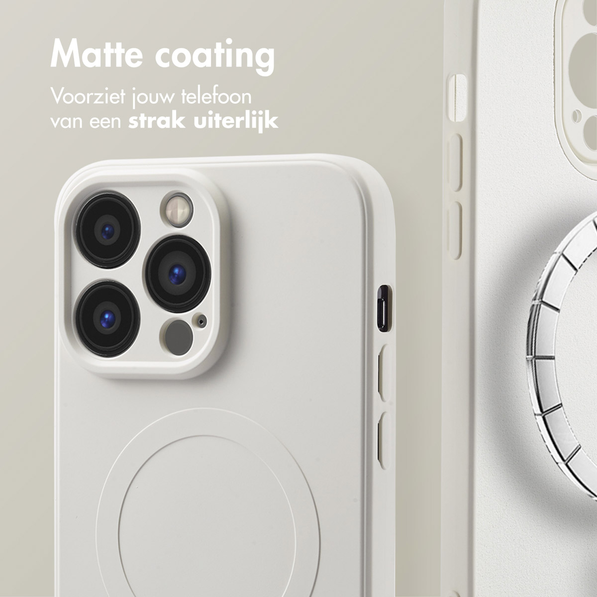 Witte telefoonhoes met ringhouder. De hoes heeft een matte coating. Toont een witte telefoon.