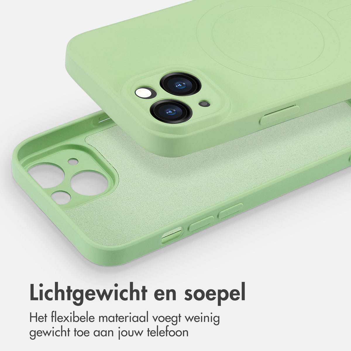 Deux coques de téléphone vert clair côte à côte, focus sur la découpe de la caméra.