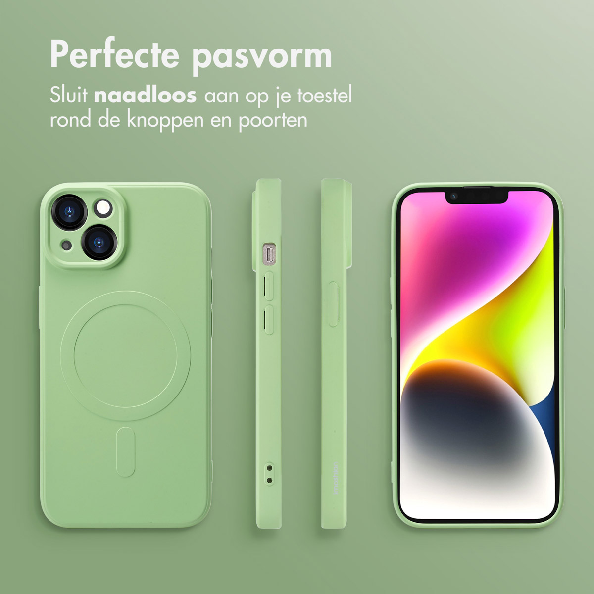 Coque de téléphone verte. Trois vues : avant, côté et arrière. La coque a une découpe pour la caméra et des boutons.