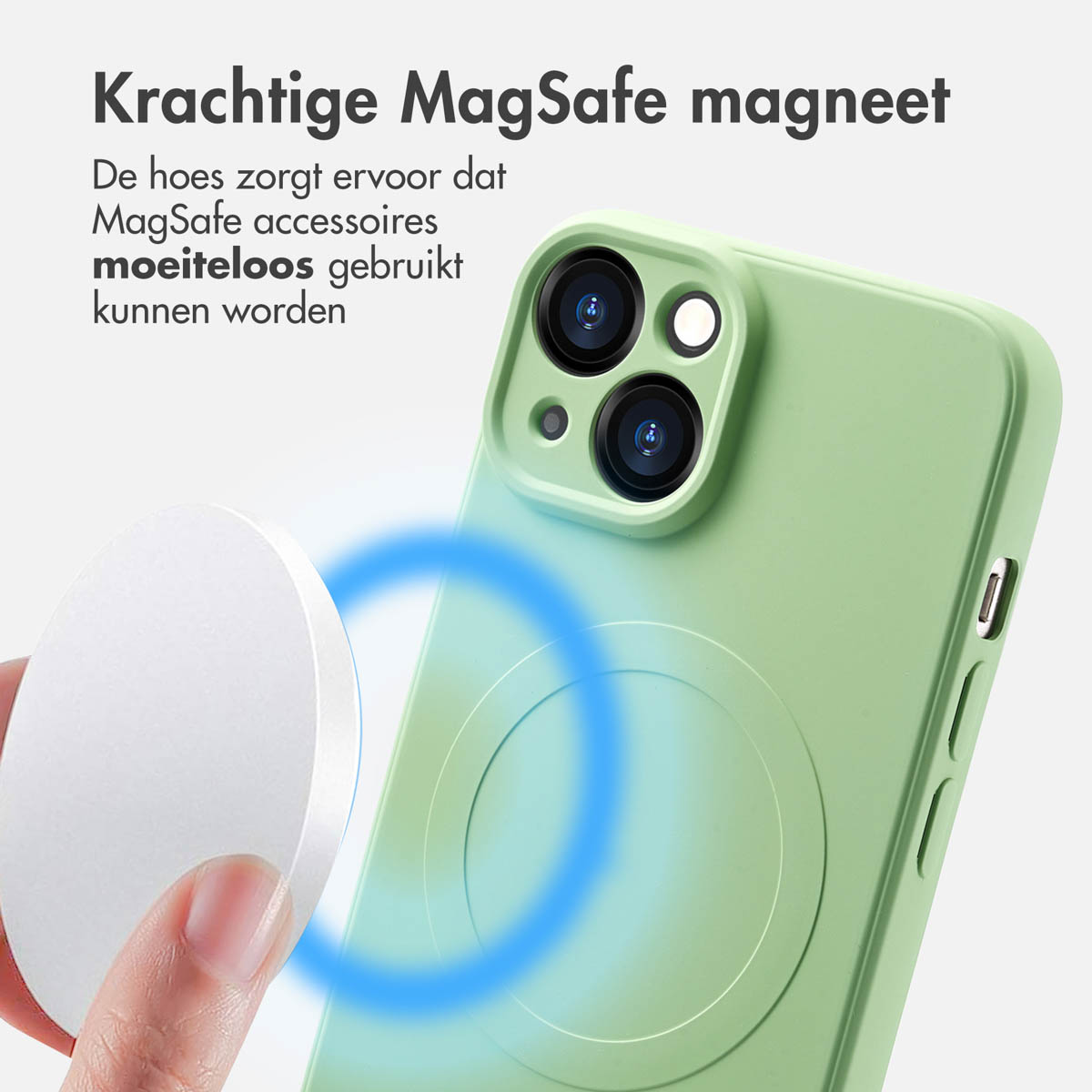 Une main tient un disque blanc à côté d'une coque de téléphone verte. Un cercle bleu montre la connexion magnétique.