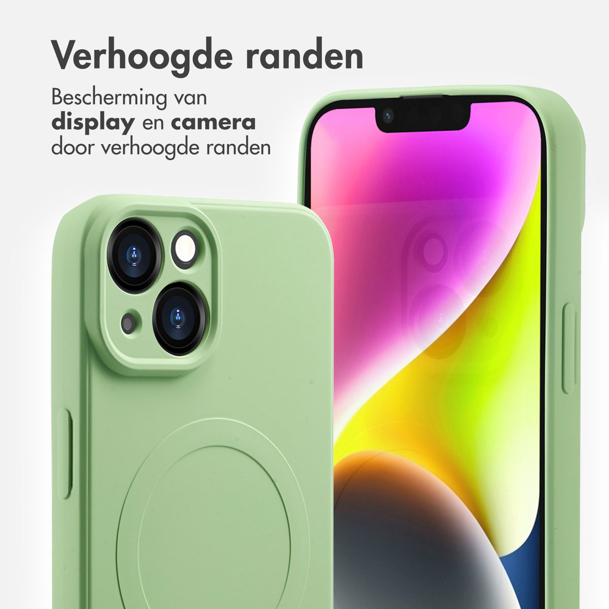 Deux coques de téléphone vertes. L'une montre l'appareil photo et l'autre l'écran. Texte : 'Bords surélevés' et 'Protection de l'écran'.
