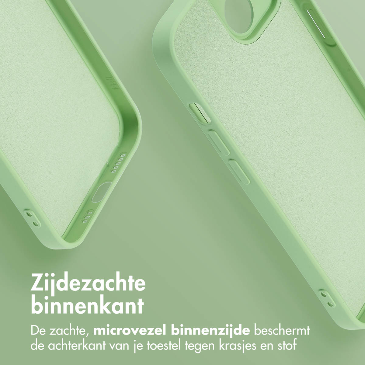 Deux coques de téléphone vertes. L'une avec boutons et trous. L'autre a un intérieur doux vert clair. Les deux sur fond vert.