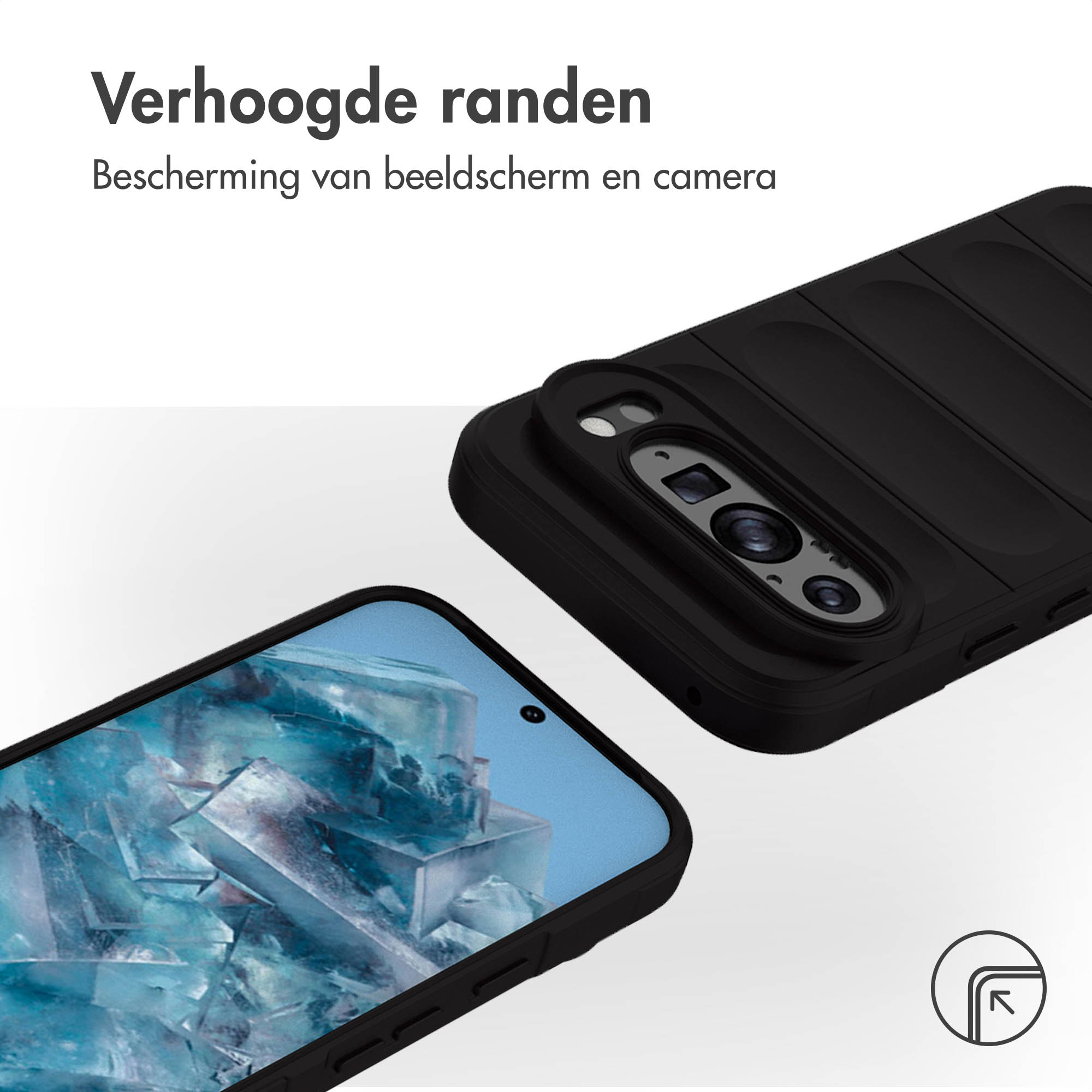 Coque de téléphone noire avec bords surélevés. Téléphone avec écran et coque sont affichés.